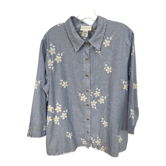Alfred Dunner Women’s Size L Blue Striped Button-Front Shirt with Embroidered Da - Picture 1 of 6